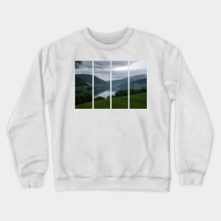 Wonderful landscapes in Norway. Vestland. Beautiful scenery of Vangsvatnet lake from the village of Bulken. Mountains, trees in background. Rainy day Crewneck Sweatshirt